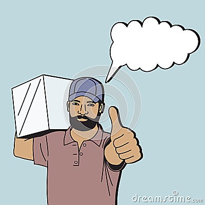 Working male courier carrying a box on his shoulder and showing a gesture ` Ok, cartoon design Vector Illustration